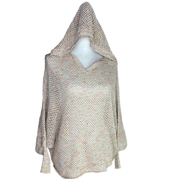 Kerisma Wm’s Sz Med Tan Speckled Dolman Sleeve Hooded Open Knit Sweater - Picture 2 of 6